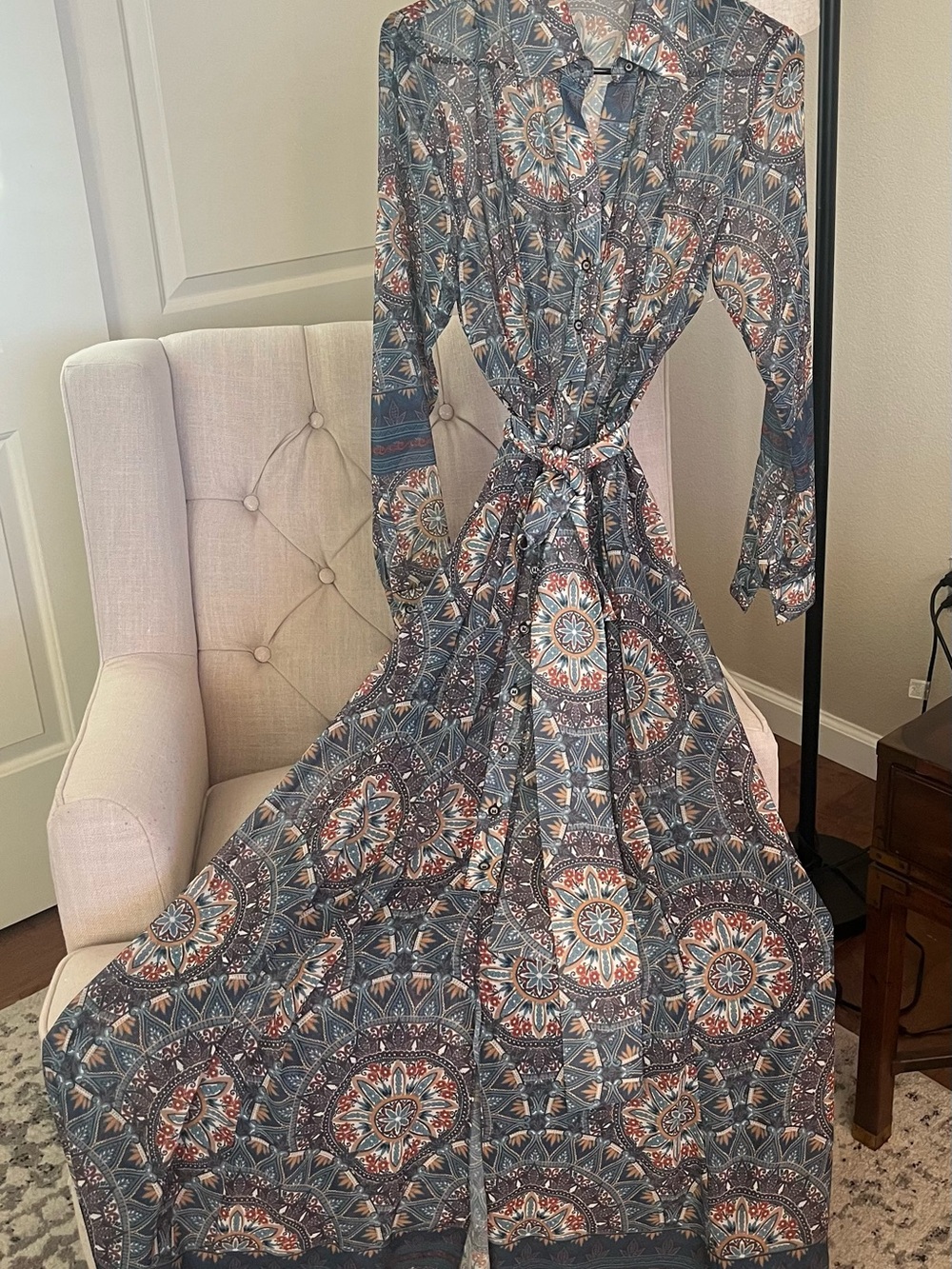 Boho Medallion Print Long Sleeve Maxi Dress - Gray & Rust